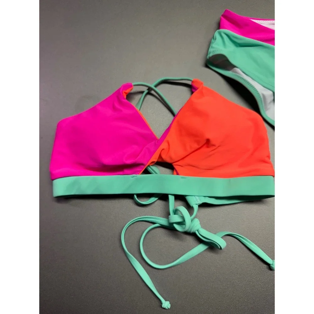 Popvil Neon Color Block High Waisted Bikini‎ Set Pink Orange Mint Green Medium